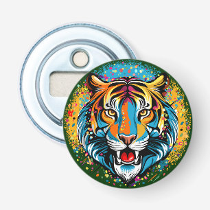 Tijgerkop Regenboogkleuren verf vlekken Button Flesopener