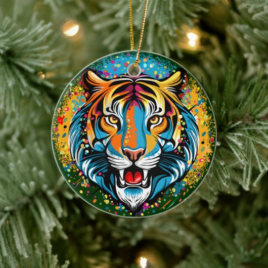 Tijgerkop Regenboogkleuren verf vlekken Keramisch Ornament (Boom)