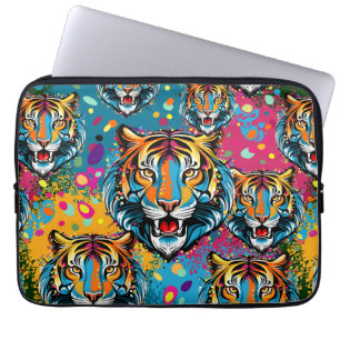 Tijgerkop Regenboogkleuren verf vlekken Laptop Sleeve