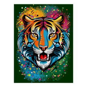 Tijgerkop Regenboogkleuren verf vlekken Perfect Poster