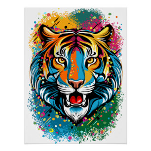 Tijgerkop Regenboogkleuren verf vlekken Perfect Poster