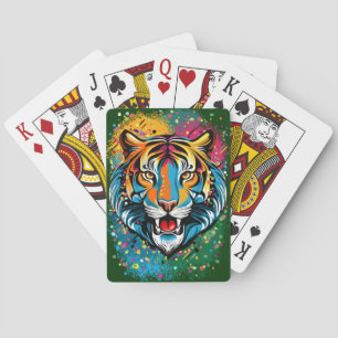Tijgerkop Regenboogkleuren verf vlekken Pokerkaarten