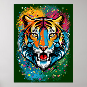 Tijgerkop Regenboogkleuren verf vlekken Poster