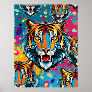 Tijgerkop Regenboogkleuren verf vlekken Poster