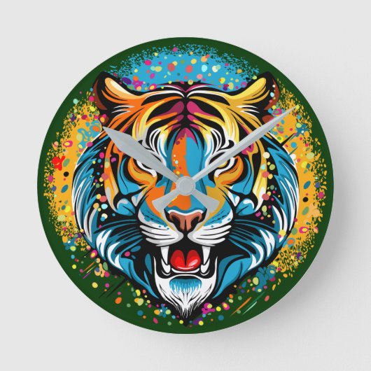 Tijgerkop Regenboogkleuren verf vlekken Ronde Klok (Voorkant)