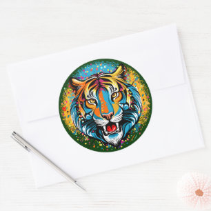 Tijgerkop Regenboogkleuren verf vlekken Ronde Sticker