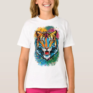Tijgerkop Regenboogkleuren verf vlekken T-shirt