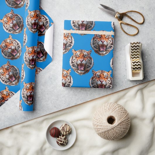 Tijgerkoppatroonontwerp Blauw Cadeaupapier (Crafts)