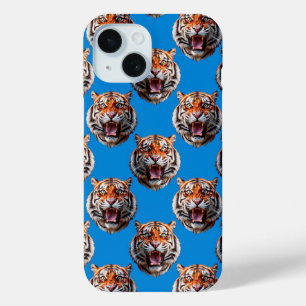 Tijgerkoppatroonontwerp Blauw iPhone 15 Case