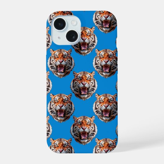 Tijgerkoppatroonontwerp Blauw iPhone 15 Case (Achterkant)