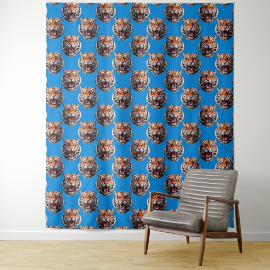 Tijgerkoppatroonontwerp Blauw Wandkleed (In situ)