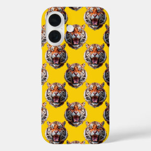 Tijgerkoppatroonontwerp Geel iPhone 16 Hoesje