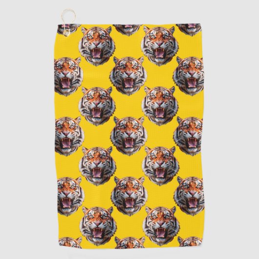 Tijgerkoppatroonontwerp Geel Golfhanddoek (Voorkant)