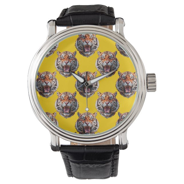 Tijgerkoppatroonontwerp Geel Horloge (Voorkant)