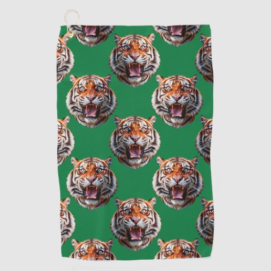 Tijgerkoppatroonontwerp Groen Golfhanddoek (Voorkant)