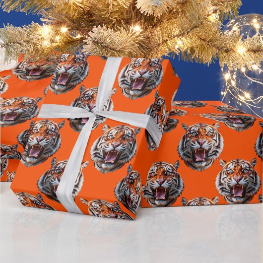 Tijgerkoppatroonontwerp Oranje Cadeaupapier