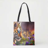Tijgerkubus, paarse bloemen tote bag (Voorkant)