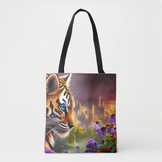 Tijgerkubus, paarse bloemen tote bag (Voorkant)