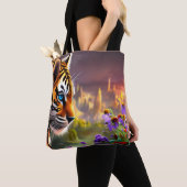 Tijgerkubus, paarse bloemen tote bag (Dichtbij)