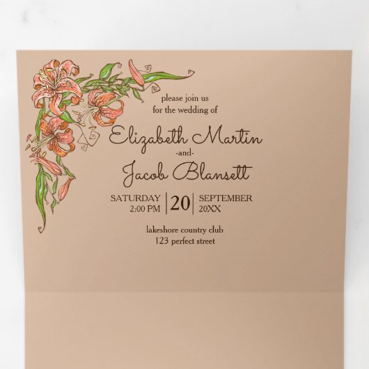 Tijgerlelie All in One Trouwkaart Drieluik Uitnodiging (Binnenzijde eerst)