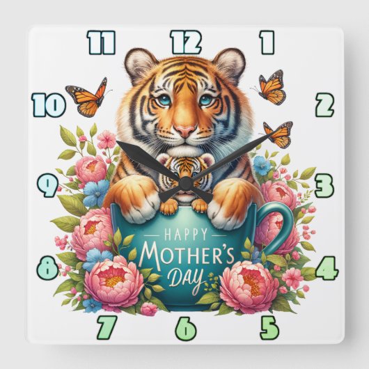 Tijgermoeder: Baby, Bloemen, Moederdag Vierkante Klok (Voorkant)