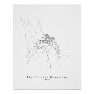 Tijgernest Bhutan Minimalistische Lijnkunst Paro T Perfect Poster
