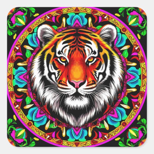 Tijgerportret met Mandala-ontwerp Vierkante Sticker (Voorkant)