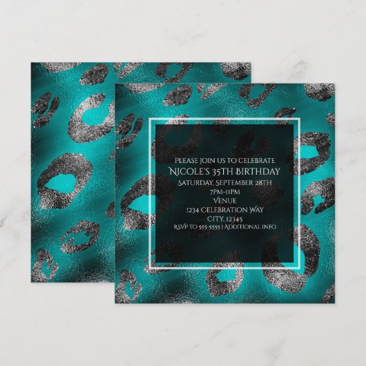 Tijgerprint Feest Uitnodigingen in Teal & Zilver (Voorkant / Achterkant)