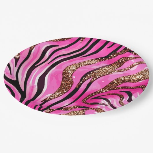 Tijgerprint papieren bekertje met roze glitters papieren bordje (Gekanteld)