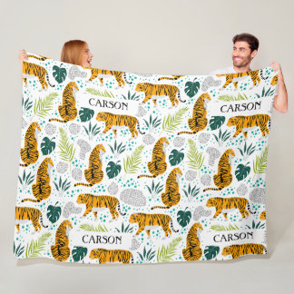 Tijgers en tropische bladeren, naampatroon fleece deken