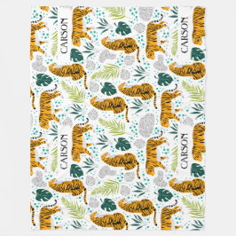 Tijgers en tropische bladeren, naampatroon fleece deken