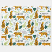 Tijgers en tropische bladeren, naampatroon fleece deken (Voorkant (Horizontaal))