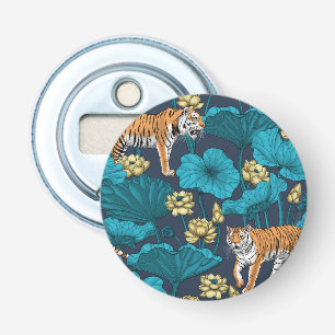 Tijgers in de gele lotusvijver button flesopener