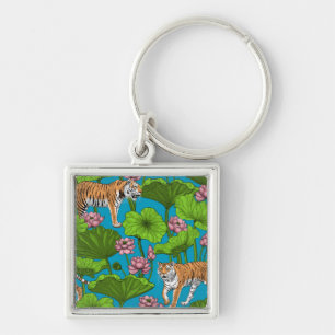 Tijgers in de roze lotusvijver sleutelhanger