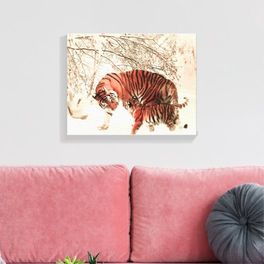 Tijgers in de sneeuw canvas afdruk (Insitu (Woonkamer))