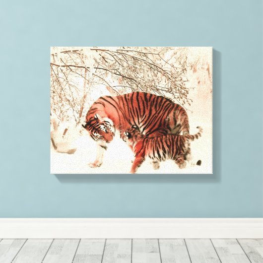 Tijgers in de sneeuw canvas afdruk (Insitu (Houten vloer))