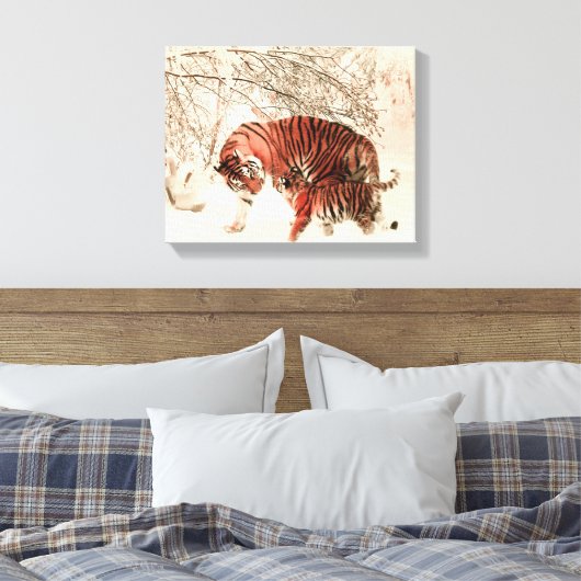 Tijgers in de sneeuw canvas afdruk (Insitu (Slaapkamer))