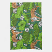 Tijgers in de witte lotusvijver theedoek (Verticaal)