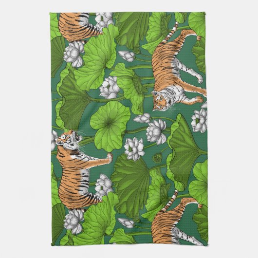 Tijgers in de witte lotusvijver theedoek (Verticaal)