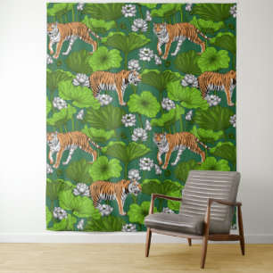 Tijgers in de witte lotusvijver wandkleed