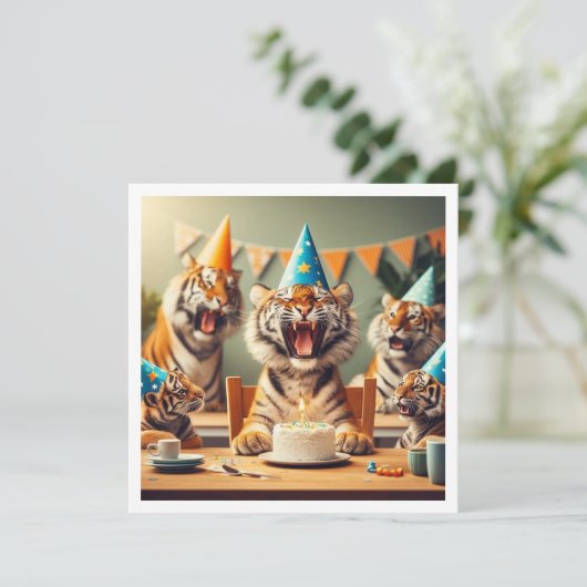 Tijgers vieren, tijger afbeelding verjaardag kaart (Staand voorkant)