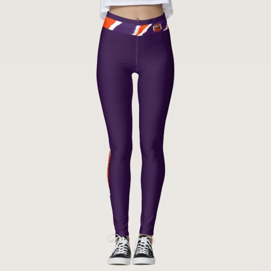 Tijgerstrook- Paarse Oranje Football ontwerp Leggings (Voorkant)