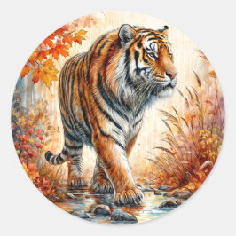 Tijgerwandeling in de herfstkunst ronde sticker