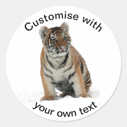 Tijgerwelp in de Sneeuw Aangepaste Tekst Ronde Sticker (Voorkant)