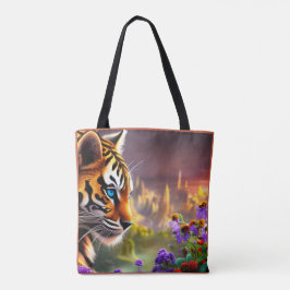 Tijgerwelp, paarse bloemen tote bag