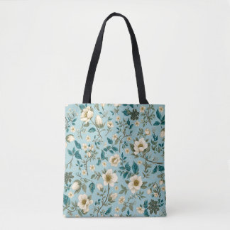 Tijlblauw & Witte Botanische Bloemmotief Esthetiek Tote Bag