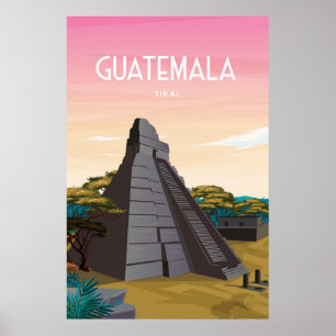 Tikal poster, Guatemala reiskunst, Maya ruïnes, Poster
