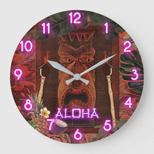  Tiki Aloha Paarse Glow Hawaiian Tropisch Grote Klok (Voorkant)