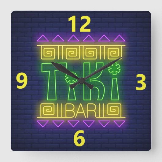 Tiki Bar Neon Sign Square Wall klok (Voorkant)