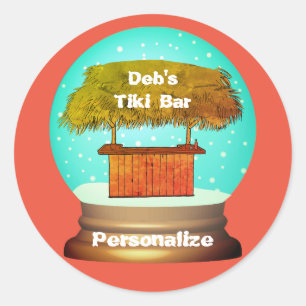 Tiki bar sneeuw wereldbol zomerstrand sinaasappel ronde sticker